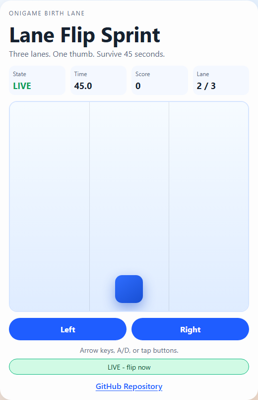 Gameplay screenshot of Lane Flip Sprint showing the three-lane dodge field and thumb-friendly controls.