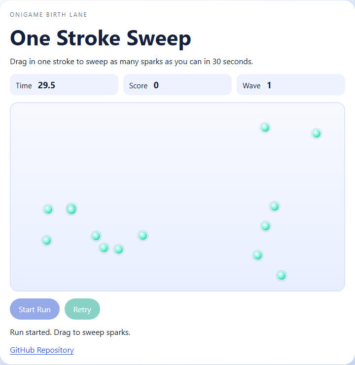 Gameplay screenshot of One Stroke Sweep showing the drag-to-sweep arena and active spark field.